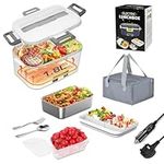 MQFORU Heated Electric Lunch Box, 1.8L Portable Food Warmer for Car Truck School Work, 12V/24V/230V Food Heater with Fruit Compartments, Spoon & Fork & Insulated Bag Included, White