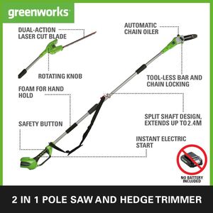 Greenworks Cordless 2-in-1 Pole Saw & Hedge Trimmer – 20cm Bar, 51cm Blades, Shoulder Strap