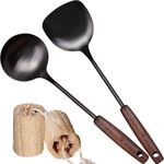 Spatula Ladle Wok Tool Set,15 Inches Stainless Steel Vintage Wok Spatula and Ladle Set，Set of 2 Wok Cooking Utensils with Vintage Wooden Handle,Wok Accessories with Natural Wok Brush