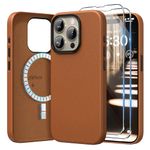 SURPHY Magnetic Leather for iPhone 15 Pro Case 6.1 inch (2023), Premium PU Leather Compatible with MagSafe (with Metallic Buttons & Microfiber Lining) Phone Case Cover, Brown