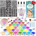 Glitter Tattoos for Kids, Temporary Tattoo Kit - 36 Colours Glitter, 182 Stencils, 6 Fluorescent, 215 Rhinestones, Skin Friendly Flash Make Up for Girls & Adults, Gift for Carnival, Birthday, Party