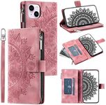 Mavis's Diary Compatible with iPhone 13 Mini Case Wallet for Women, Mandala Floral Embosssed PU Leather Folio Zipper Cover Magnetic Flip Book Case with Card Holder Wrist Strap (Pink)