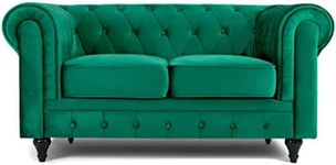 Bravich Velvet Chesterfield Sofa- Green. 2 Seater Settee, Soft Plush Fabric Couch. Living Room Furniture, Easy Clean. 2 Seater- 160cm x 90cm x 78cm