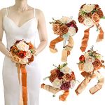 Lookein Set of 4 Bridesmaid Bouquet for Wedding 7 Inch Artificial Flowers Bouquet Wedding Bouquet Bridal Bouquet Tossing Bouquet for Wedding Ceremony Anniversary Celebration, Chic Terracotta