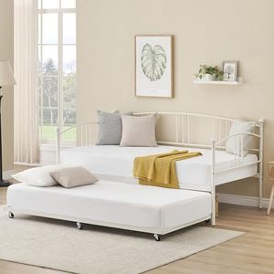 IDEALHOUSE Twin Daybed with Trundle, Metal Twin Size Daybed with Pullout Trundle 6 Casters, Steel Slat Support Sofa Bed for Living Room, Bedroom, Guest Room, No Box Spring Needed, White