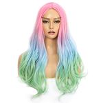 FAELBATY Colorful Wig Short Costume Wavy Wig Ombre Wig for Cosplay Girls and Women Party Wig (16" Rainbow Color)