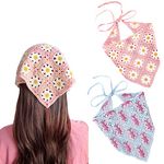 2 Pcs Crochet Hair Bandana Floral Hair Scarf Boho Head Kerchief Vintage Headbands Handmade Hair Tie for Girls Women, Pink/Butterfly, 1 Count (Pack of 1)