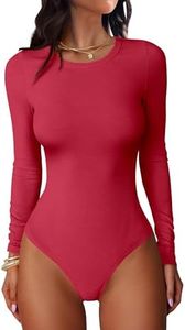 ANRABESS Women Long Sleeve Crew Neck Bodysuits Top 2025 Fall Slim Fit Ribbed Knit Soft Basic Tee Shirts Bright Red Large