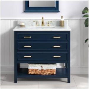 TILE & TOP Manhattan 36" Single Bathroom Vanity, 37" W x 22" D x 34.5" H, Carrara Marble Top with Sink and Backsplash, Navy Blue, Solid Wood, Pre-Assembled, 3 Soft-Close Drawers, 1 Shelf.