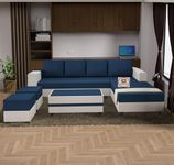 WOODREAM Right Facing Upholstered L Shape 8 Seater Sofa Set | Sectional Swed Fabric Sofa Set with Centre Table, 2 Puffy Ottomans and 4 Small Pillow for Living Room & Drawing Room | Blue & White