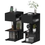 Bvewg Set of 2 Black End Tables Living Room with Charging Station, Accent Table with Detachable Wheels, Narrow Side Table/Nightstand for Small Spaces, Night Stand/Bedside Table with Storage Shelves RN