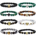 VELESAY 8PCS Lava Rock Stone Bead Bracelet for Men Women Bead Natural Stone Bracelet Crown Lion Leopard Head Bracelet Tigers Eye Bracelets Lava Stone Bracelet Set Adjustable Elastic Bracelet Men Set