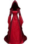 Women’s Retro Medieval Witch Dress Hooded Flare Sleeve Floor Victorian Gothic Dress Cosplay Halloween Costume Women(Red,M)