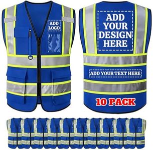 Custom Safety Vest with Logo, Hi-Vis Reflective Work Vest with Pockets, Design Your Personalized Protective Workwear (Blue-10 Pack, 5XL)