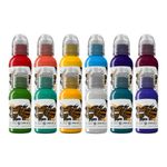 World Famous Tattoo Ink - 12 Primary Color Tattoo Kit #3 - Professional Tattoo Ink in Color Assortment, Includes White Tattoo Ink - Skin-Safe Permanent Tattooing - Vegan & Non-Toxic (1 oz Each)