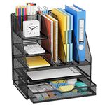 VIVSOL Desk Organizer with Mesh File Holder, 3 Vertical File Holder Supplies Desk Organizers and Accessories, 5-Tier Paper Letter Tray Organizer with Sliding Drawer and Pen Holder, for Office & Home