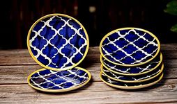 Freakway Hand-Painted Stoneware Moroccan Premium Ceramic 7-inch Quarter/Small Plate Set of 6 Pcs | Bone Ash Free | Microwave and Dishwasher Safe - Blue
