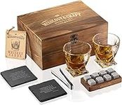 Mixology & Craft Whiskey Stones & Glasses - 10oz, Crystal, Whiskey Glasses Set of 2 - Whisky Gift Set w/ 8 Granite Chilling Rocks, Tongs and Classic Wooden Box for Men