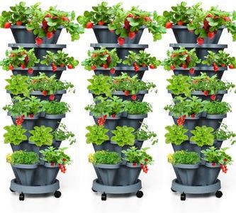 Tectsia 7 Tiered Strawberry Vertical Planter Tower Garden 3 Pack, Stackable Planter Herb Garden Planter with Movable Casters and Bottom Saucer Indoor and Outdoor - Dark Grey