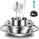 Odoland Camping Cutlery Set - Stainless Steel Tableware Mess Kit Plate Cup Fork Spoon, 8 in 1 Flatware Kit with Mesh Bag - Dinnerware Utensils Set for Outdoor Camping Hiking and Picnic for 1 People