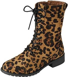 Forever Link Womens Round Toe Military Lace up Knit Ankle Cuff Low Heel Combat Boots, Leopard, 5