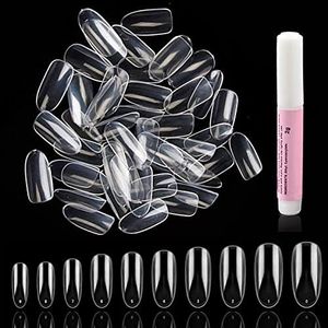 500 Pieces Long Oval Full Cover Nails Transparent with 2g Glue, Beauties Factory Clear Oval False Nail Tips in 10 Sizes (Size 0-9) for Nail Salons DIY Extensions Design Manicure