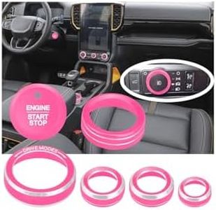 HDUFC for Ford 2024 2025 Ranger, air Conditioning, Volume Control, Push-Button Start, 4WD and Headlight switches, 7 Pieces of Aluminum Alloy knob Cover Decoration (Pink)