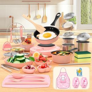 Gotoofun Kid Cooking Sets Real Mini Kitchen, Food Making for Beginner Children 8 9 10 11 12 Boys Girls Cooking Educational Toys, Junior Easy Safe Montessori Tools Dishes Knife Set-Pink