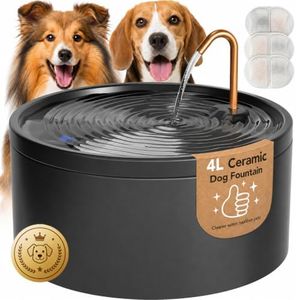 MISFANS Ceramic Dog Water Fountain, 4L/135oz/1.1Gal – All-Ceramic Body with Copper Water Spout – Pet Drinking Fountain for Medium & Small Dogs, Ultra-Quiet Pump, Includes 3 Filters & Sponges
