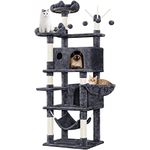 Yaheetech Cat Tree for Indoor Cats, Large Cat Tower Cat Scratching Post Multi-Level Cat Condo Play House Climbing Tree with 3 Removable Cat Teaser Sticks, Hammock, Basket, Cat Furniture Dark Grey