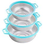 POPGRADE 3pcs Stainless Steel Colander Set with Handle, Metal Pasta Strainer for Spaghetti, Veggies, Noodles, Kitchen Food Mesh Colander, Rice Washer Fruit Washing Strainer Basket, Blue… B0BL3R6C5Q