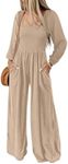 Happy Sailed Casual Jumpsuits for Women Long Sleeve Sqaure Neck Womens Overalls One Piece Wide Leg Long Pant Rompers Jumpsuit Outfits with Pockets Apricot S