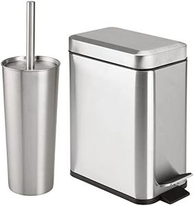 mDesign Metal Freestanding Slim Toilet Bowl Brush and Holder + Rectangle Narrow 5 Liter / 1.3 Gallon Step Pedal Trash Can Wastebasket for Bathroom - Small, Compact Design - Set of 2 - Brushed/Chrome