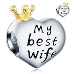 My Best Wife Heart Charms with Gold Plated Crown, fits Pandora Valentines Day Bracelet, 925 Sterling Silver Forever in Love Beautiful Wifey Beads, Gifts for Girl/Wedding/Bride