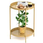 OVICAR Gold Side Table - 2 Tier Metal Round End Table Coffee Table Small Sofa Side Table Outdoor Indoor Accent Table Nightstand Waterproof Removable Tray Table for Living Room Bedroom Balcony