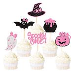 Ercadio 36 Pack Spooky One Cupcake Toppers Glitter Pink Halloween Cupcake Toppers Ghost Pumpkin Witch Hat Cupcake Picks for Halloween Theme Birthday Party Cake Decoration Supplies