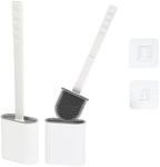 Silicone Toilet Brushes & Holders – Ergonomic Toilet Brush Set with Long Plastic Handle - Flexible Bristles for Easy Cleaning – Non-Slip Toilet Brush with Base for Anti Dripping (White, Pack of 2)
