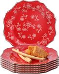 Kunaboo Artisanal Small Porcelain Ceramic Plates, Salad Plates, Dessert Plates Ceramic Plates Set of 6-7.5” - Sakura Floral Series Cherry Red - Ready to Wrap Gift