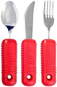3 Piece Super Easy Grip Red Flatware Set - Bendable Built Up Large Fork, Knife, and Spoon - Red