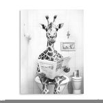 Yidepot Funny Toilet Giraffe Bathroom Decor: Kids Bathroom Pictures Black And Black And White Canvas Wall Art Framed 12"x16"