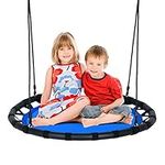 GYMAX Kids Nest Swing, 40”/100cm Round Tree Swings with Height Adjustable Hanging Ropes, Indoor Outdoor Children Saucer Swing for Backyard Garden, 150kg Capacity (Blue)