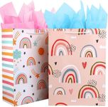 Gift Bags Large for Girls, Birthday Gift Bag Bulk Set Included 2 Pack Paper Gift Bags with Tissue Paper, Rainbow Gift Bags for Kids, Baby, The Colorful Red Pink Gift Bags with Handles, The Pretty Present Bag Gift Bags for Birthday, Party, Baby Shower (12.5" Large Size)