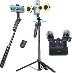 Zarcaco Professional Vlogging Kit for iPhone/Android, 70”Auto Face Tracking Tripod for iPhone with Light, 25H Battery Life Wireless Microphones,Content Creator Kit for TikTok/YouTube Starter