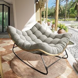 VONZOY Outdoor Rocking Chair, Indoor Papasan Chair, Oversized Egg Rocking Chair with Thick Cushion, Rattan Wicker Rocker Lounge Chair for Bedroom, Living Room, Patio, Garden, Porch (Light Grey)