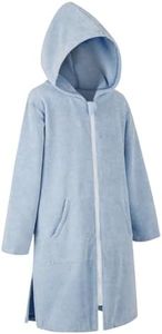 MissShorthair Hooded Towel Robe for Kid, Zipper Beach Cover Up, Swim Changing Robe for Boy, Girls Bath Towelling Poncho Light Blue 5-7 Years