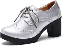 DADAWEN Women's Classic T-Strap Platform Mid-Heel Square Toe Oxfords Dress Shoes Silver US Size 5