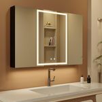 KWW LED Lighted Bathroom Medicine Cabinet, Defogger, Dimmable, 3 Color Light Makeup Mirror, Outlets & USBs, Easy to Install, Wall Mounted Mirror Cabinet (100 x 70 cm)