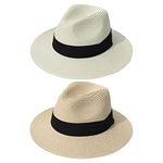 DRESHOW Women Straw Panama Hat Travel Fedora Beach Sun Hat Summer Wide Brim Straw Roll up Hat UPF 30+