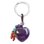 Jovivi Natural Amethyst Love Crystal Heart Stone Pendant Keychain 7 Chakra Reki Healing Crystal Gemstone Beads Key Chain Ring