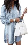 Zilcremo Women Denim Shirt Dresses Long Sleeve Distressed Jean Dress Button Down Casual Tunic Top Rippedlightblue S